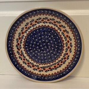POLISH POTTERY PLATE DINNER DINING BLUE WHITE FLORAL  HAND MADE HOME 10”